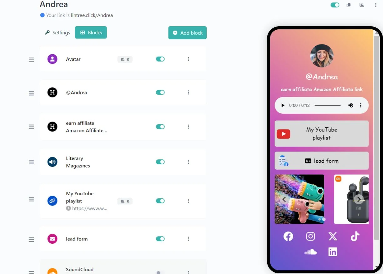 Screenshot of the app biolink editing page